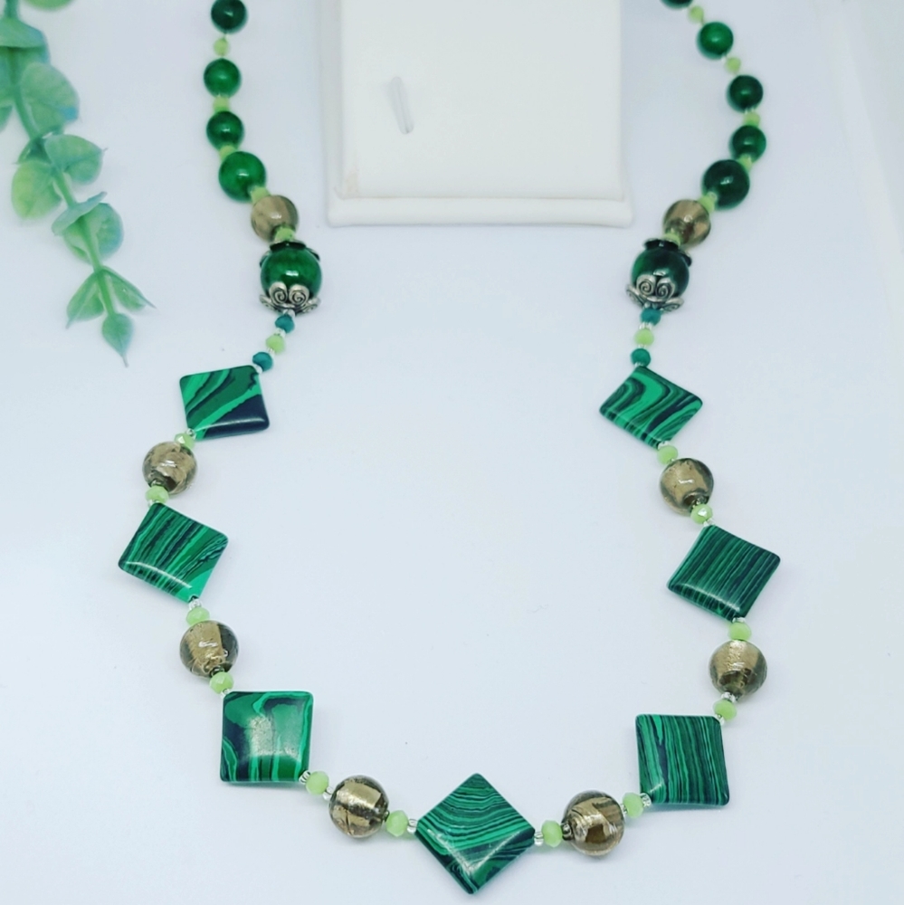 Handmade Malachite, Murano style glass necklace